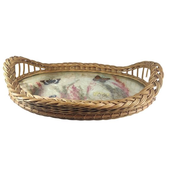 Vintage Wicker Serving Tray W/Floral & Butterfly Design-Piece Broken Near Handle - Picture 1 of 9